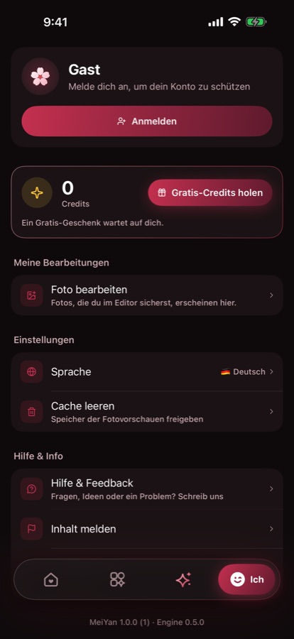 Ich: Deine Bearbeitungen, Credits und Einstellungen.