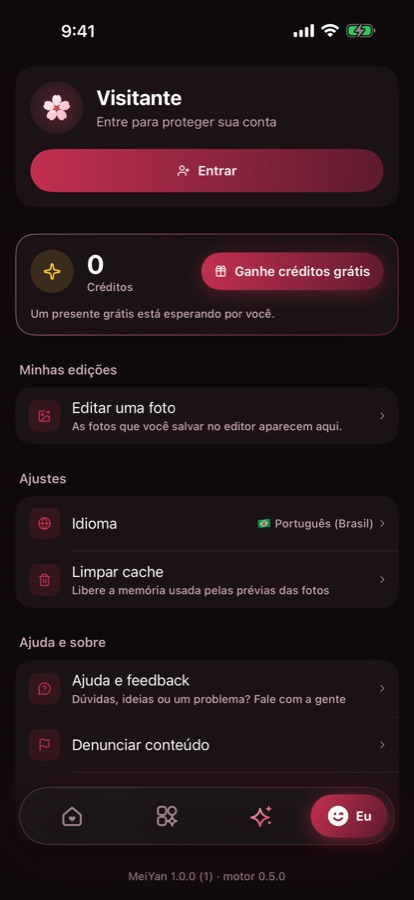 Eu: Suas edições, créditos e ajustes.