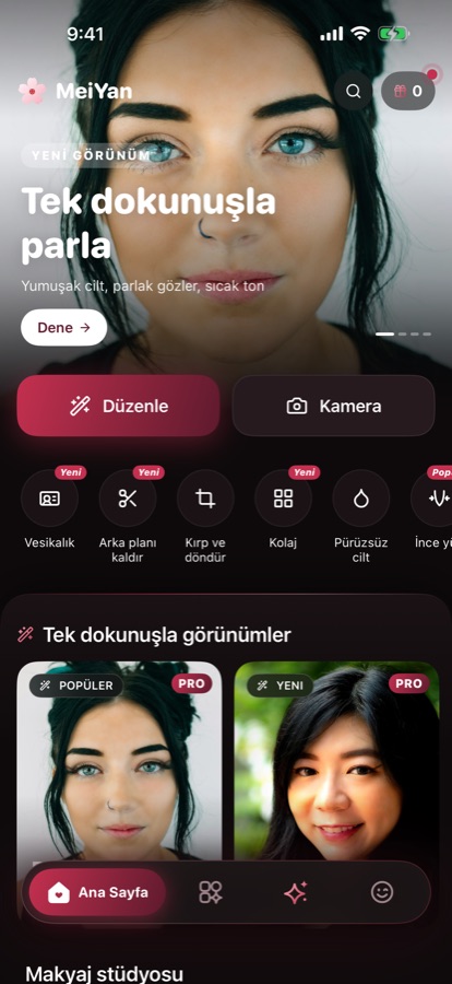 MeiYan Ana Sayfa ekranı